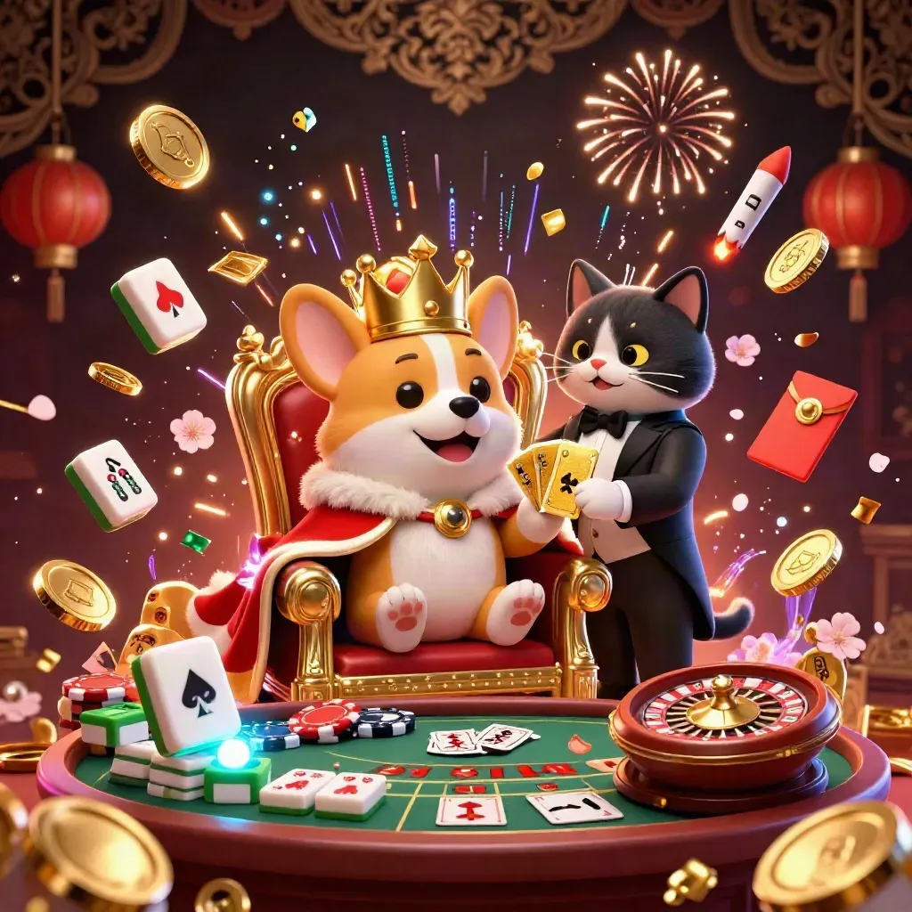 Anjing corgi raja dan kucing butler dikelilingi koin emas, lampion, dan efek neon kasino mewah.