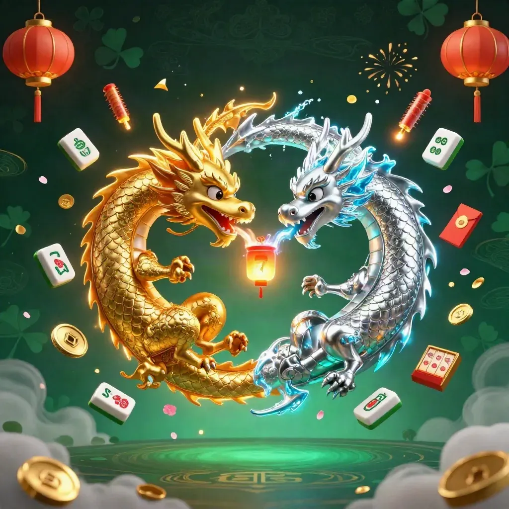 Dua naga emas dan perak terjalin di tengah efek slot neon dan lampion mistis.