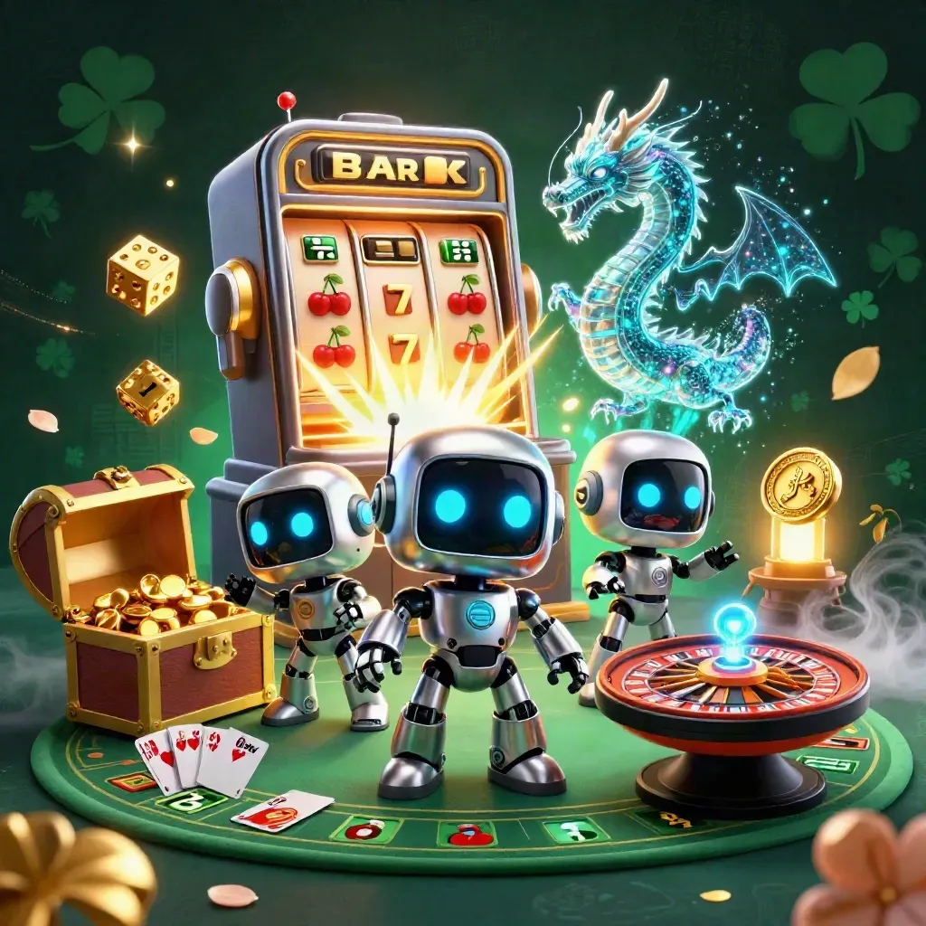 Robot cyberpunk, naga AI holografik, dan drone koin di antara slot, emas, dan neon