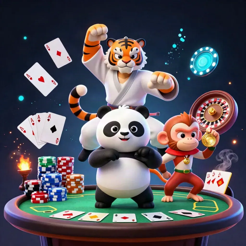 Harimau kung-fu, panda, dan monyet di kasino neon dengan chip, kartu, dan roulette.