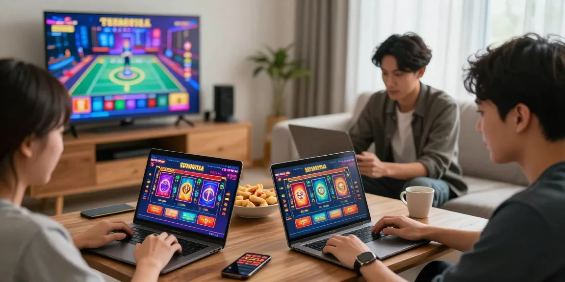 Players experiencing tempototo alternatif in a lively gaming scene with colorful display, snacks, and live casino backdrop.