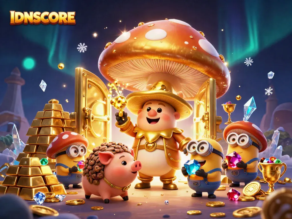 Experience IDNSCORE's enchanting gold magic with a wizard, treasure, and vibrant gems in a casino scene.
