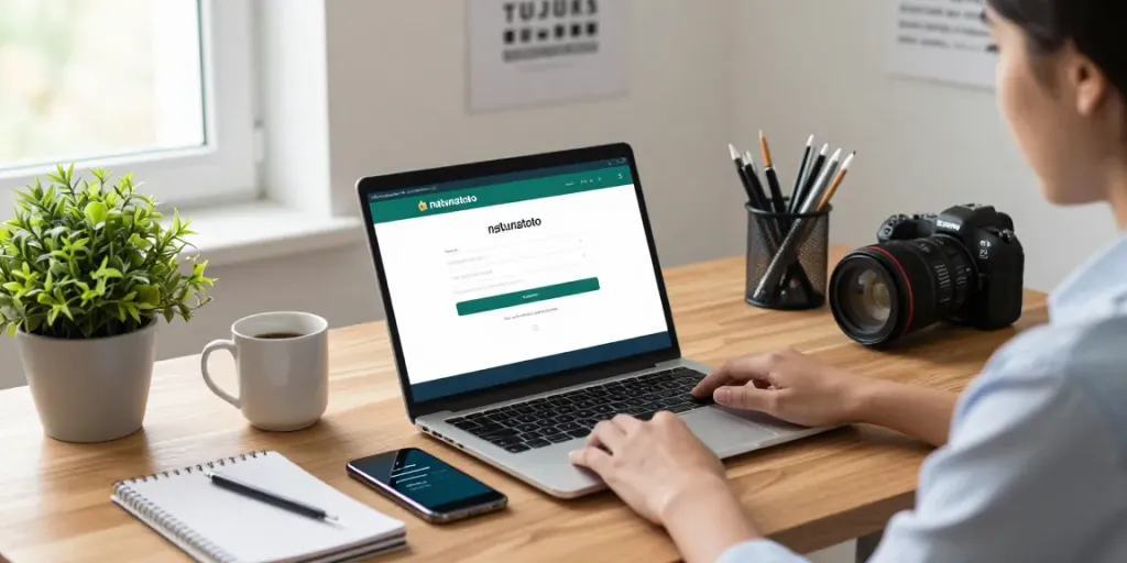 Proses login Natunatoto dalam suasana kerja modern dengan laptop dan smartphone.