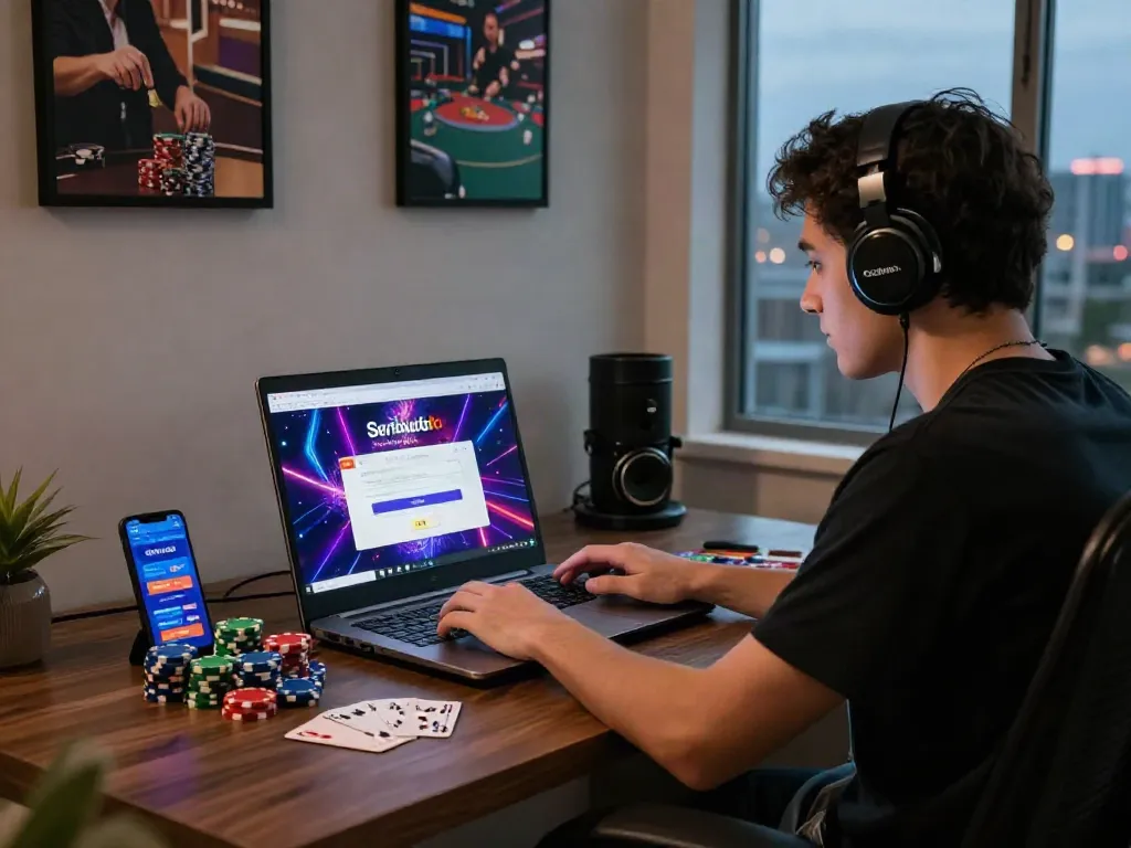 Seributoto Login screen on laptop in a stylish home gambling setup with poker chips.