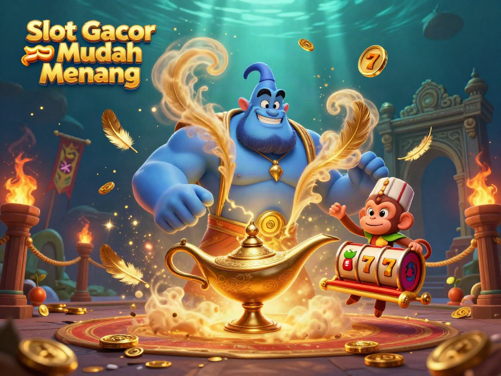Slot Gacor Mudah Menang menunjukkan jin, koin emas, dan simbol buah dalam ilustrasi kasino yang dinamis.