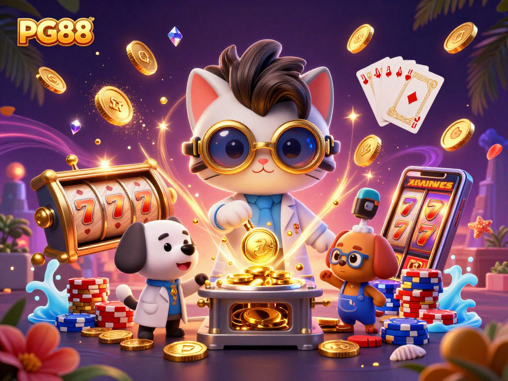Experience excitement at PG88 with a mad scientist cat, golden coins, and slot games!