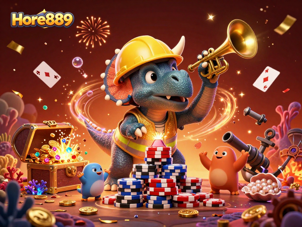 Hore889 brings excitement to life with a joyful scene of a triceratops building poker chip towers.