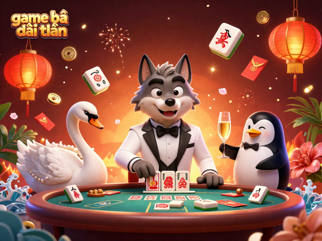 Experience game bài đổi thưởng with a debonair wolf, elegant swan, and penguin sommelier at a lively baccarat table.