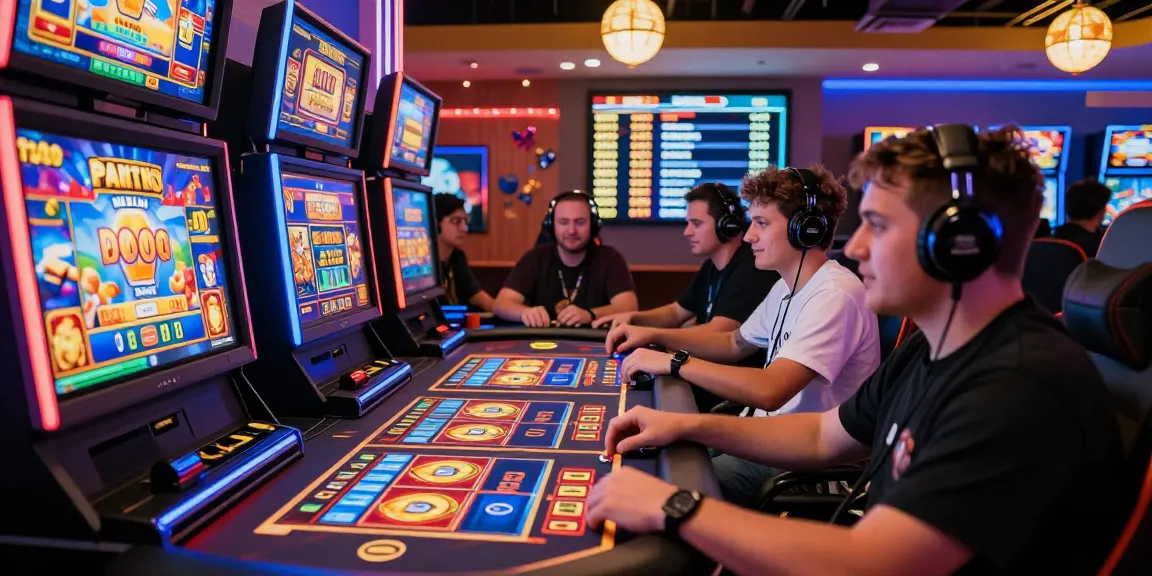 Exciting slot gacor gameplay scene with diverse players enjoying high scores at a virtual casino.