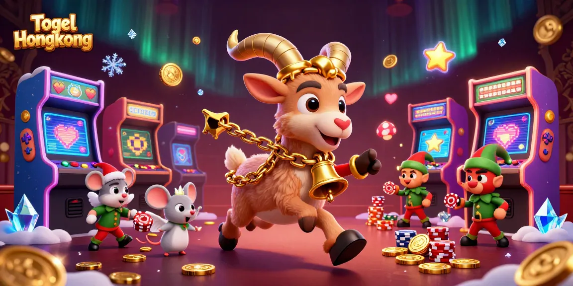 Experience Togel Hongkong thrills with a festive casino scene featuring playful characters and nostalgic game elements.