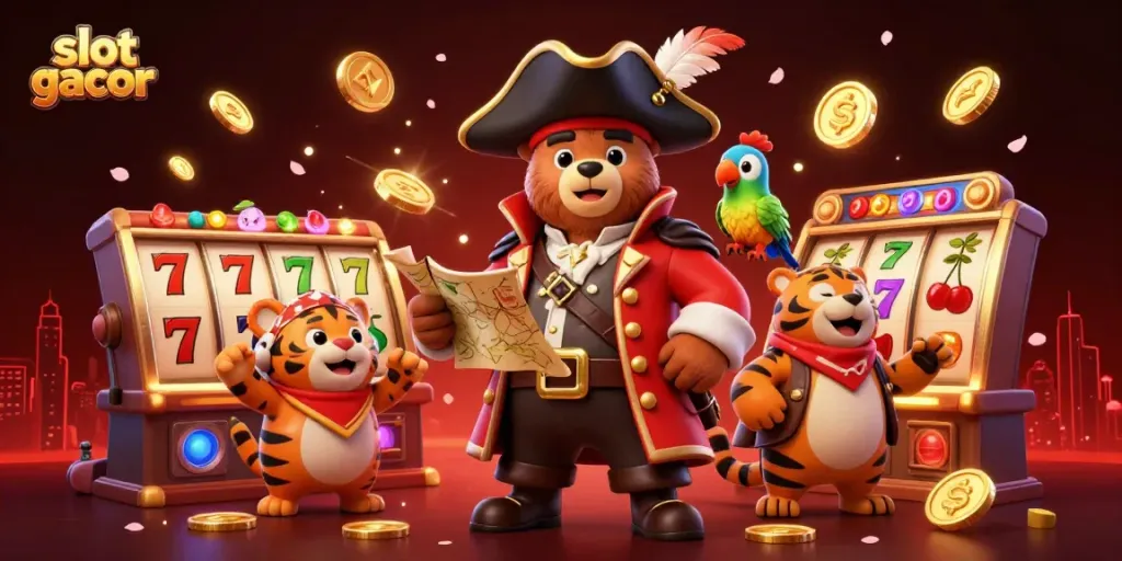 Spin for wins with slot gacor in this vibrant illustration featuring a pirate bear and tiger.