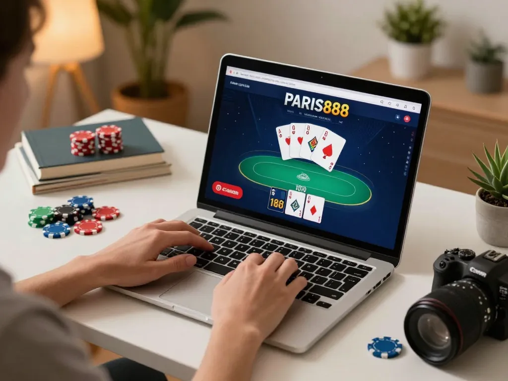 Pertandingan poker daring yang menarik di Paris888 dengan kartu dan chip berwarna-warni yang ditampilkan.