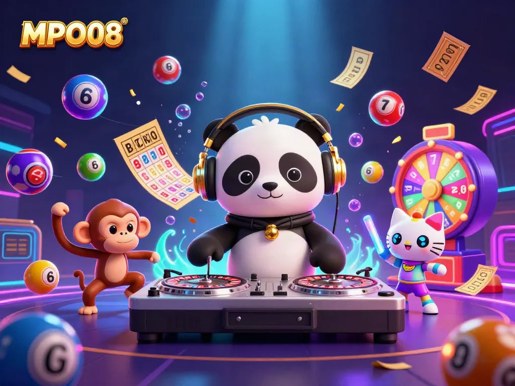 MPO08 showcases a dynamic and vibrant casino scene with a DJ panda, breakdancing monkey, and glowing kitten.