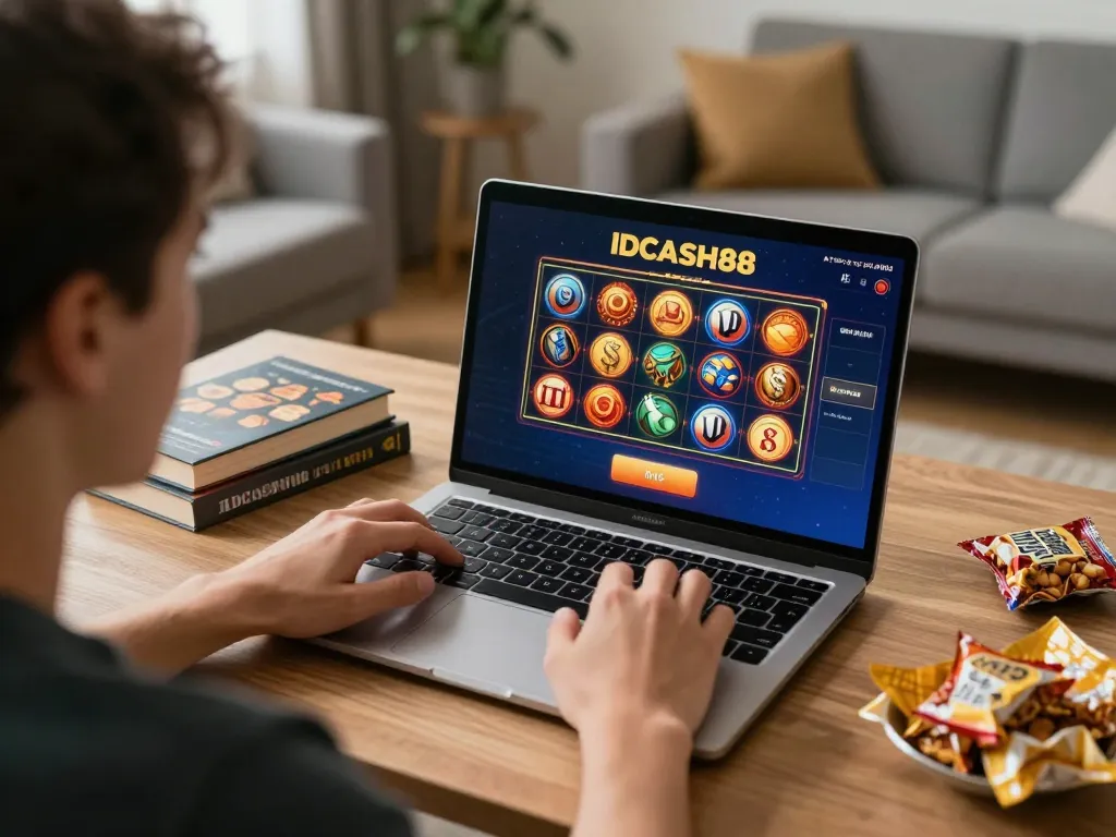 Player using IDCASH88 for an online slot demo, showing strategy materials in cozy workspace