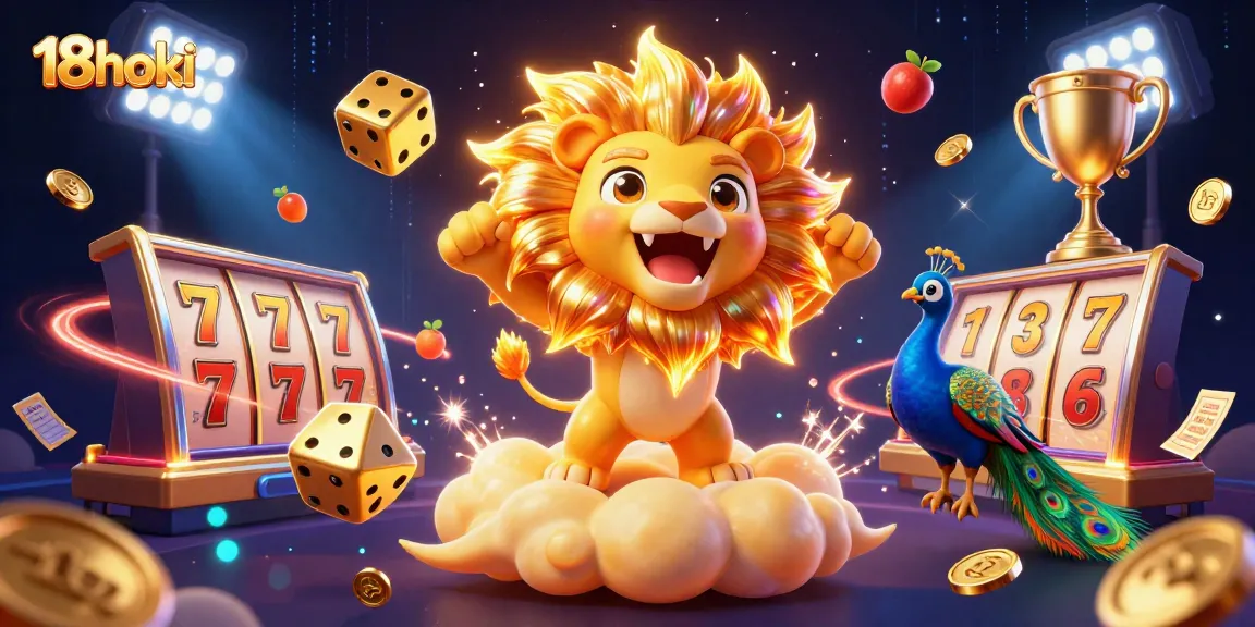 Play and win at 18hoki, featuring an energetic lion atop golden clouds with slot game elements.