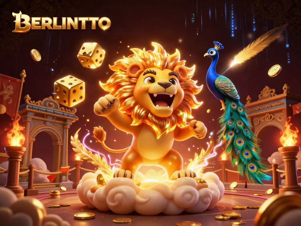 Experience thrills with BERLINTOTO as the 3D cartoon sun lion roars triumphantly surrounded by casino elements.