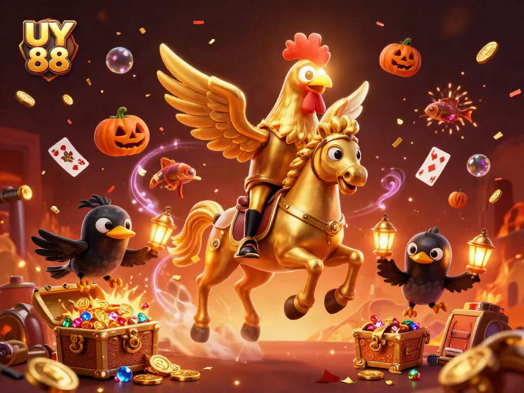 Experience the excitement of UY 88 with a golden rooster and dynamic casino elements.