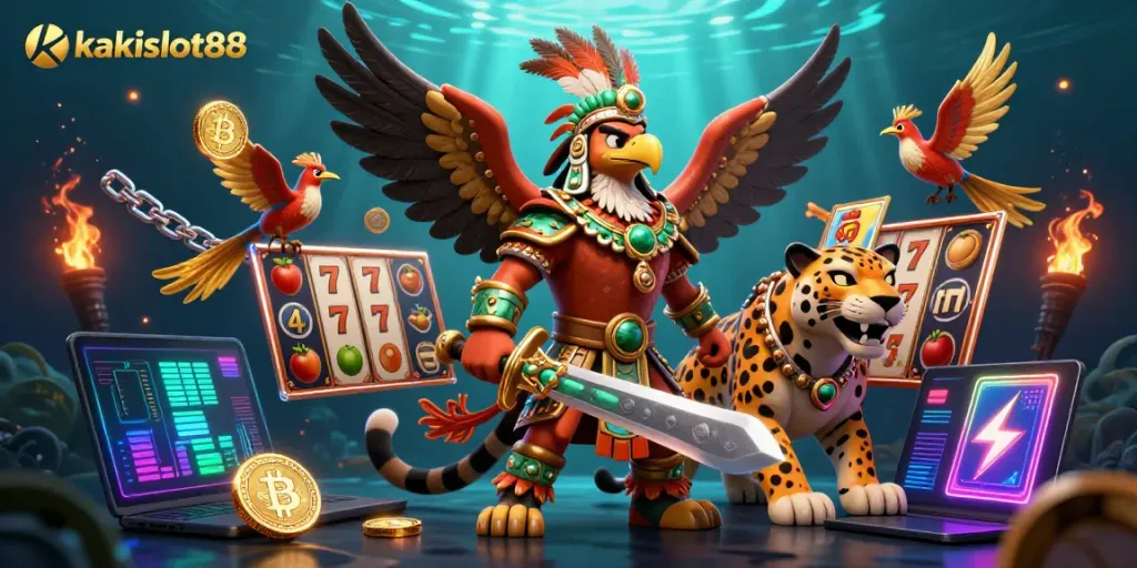 Rasakan sensasi bermain di kakislot88 dengan ilustrasi kasino slot dan karakter pahlawan Aztec yang menarik.