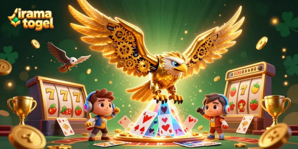 Engage with irama togel through this immersive illustration of a cyber eagle soaring over dynamic slot elements.