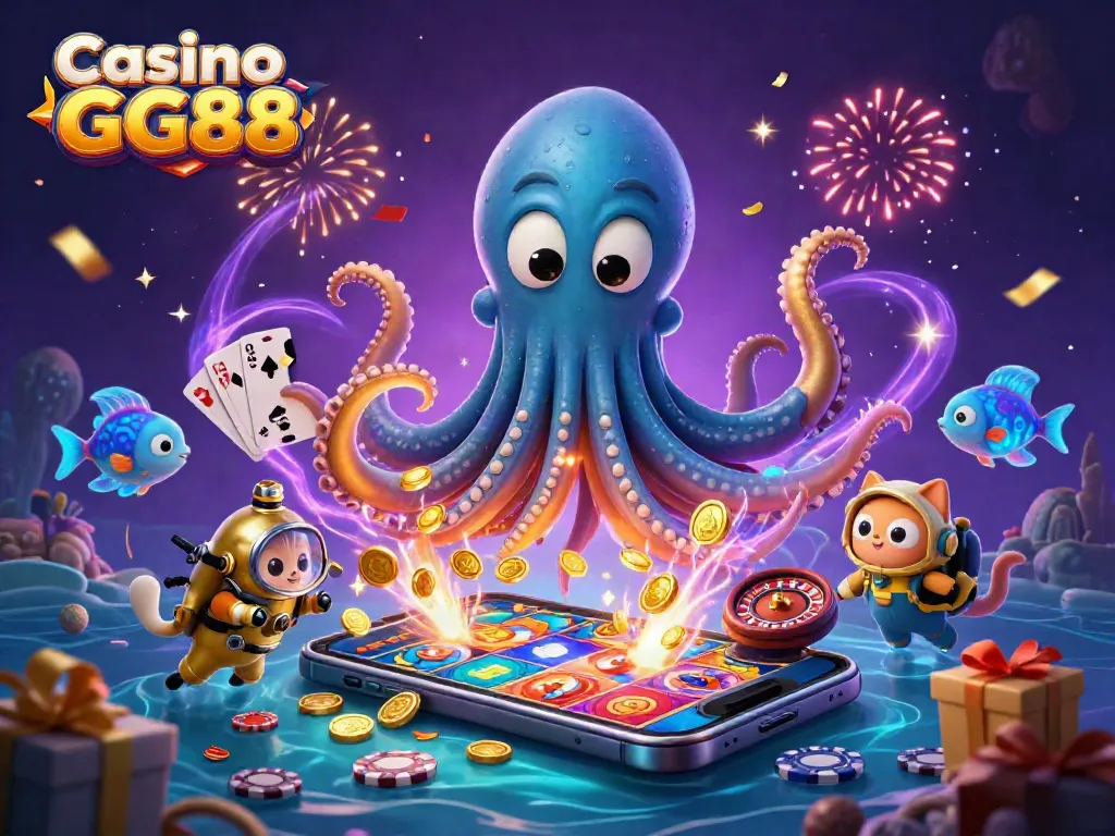 Spin to win at Casino GG88 with kraken and cat in a colorful 3D casino illustration.
