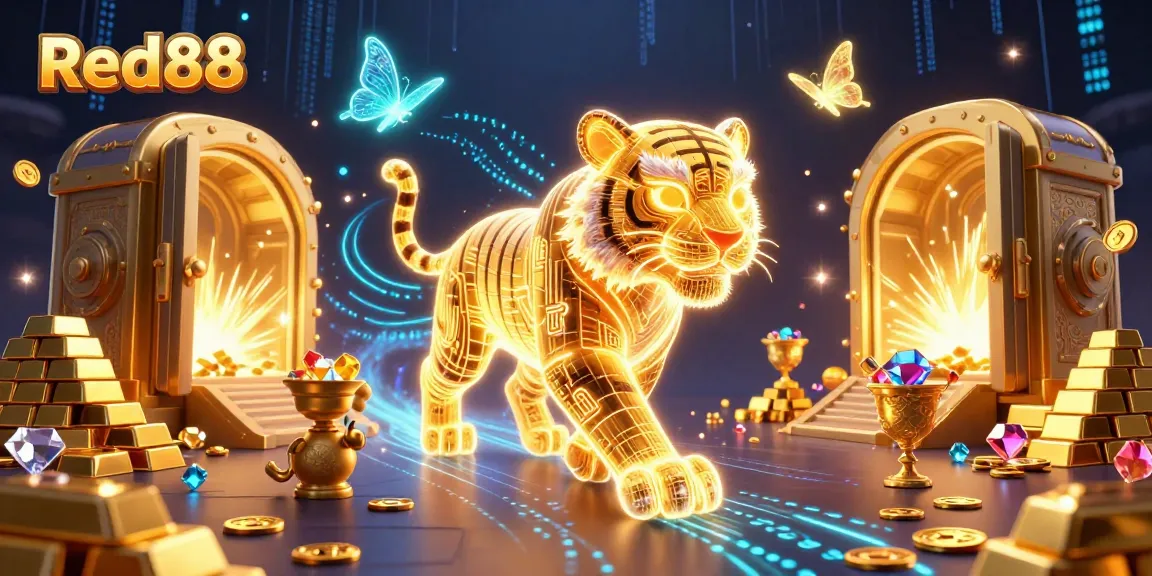 Experience Red88's dynamic casino world with a golden tiger and treasures glowing in the dark.