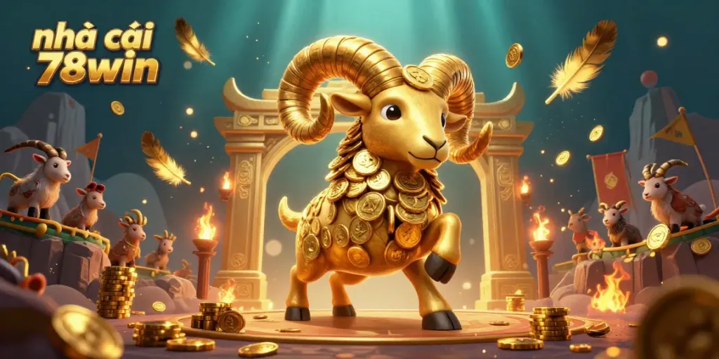 Engaging action with nhà cái 78win featuring a golden ram amidst swirling particles and a dynamic casino backdrop.