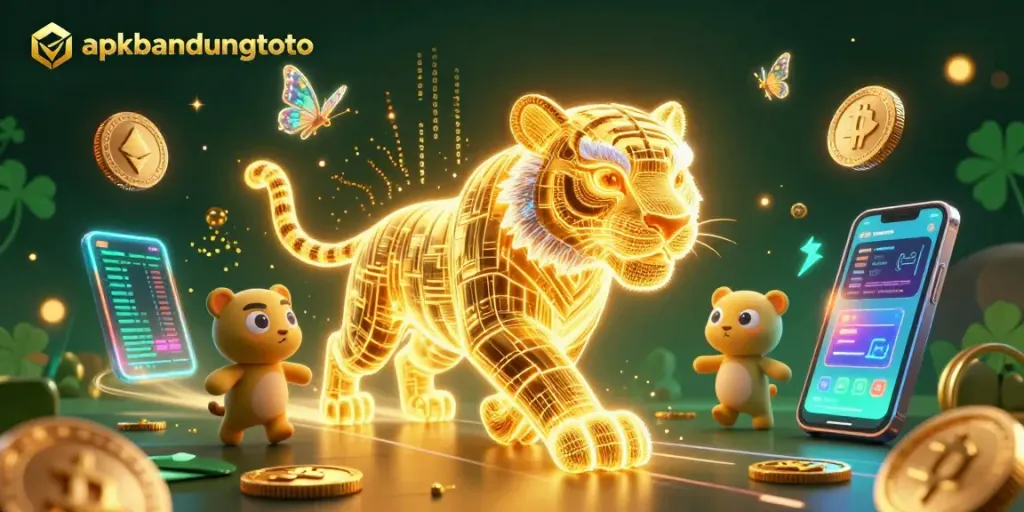 Experience the thrill of apkbandungtoto with vibrant 3D casino scenes featuring a neon golden tiger and crypto elements.
