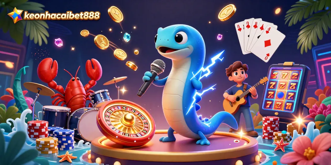 Experience the excitement of keonhacaibet888 in this vibrant underwater casino scene featuring a DJ eel and band.