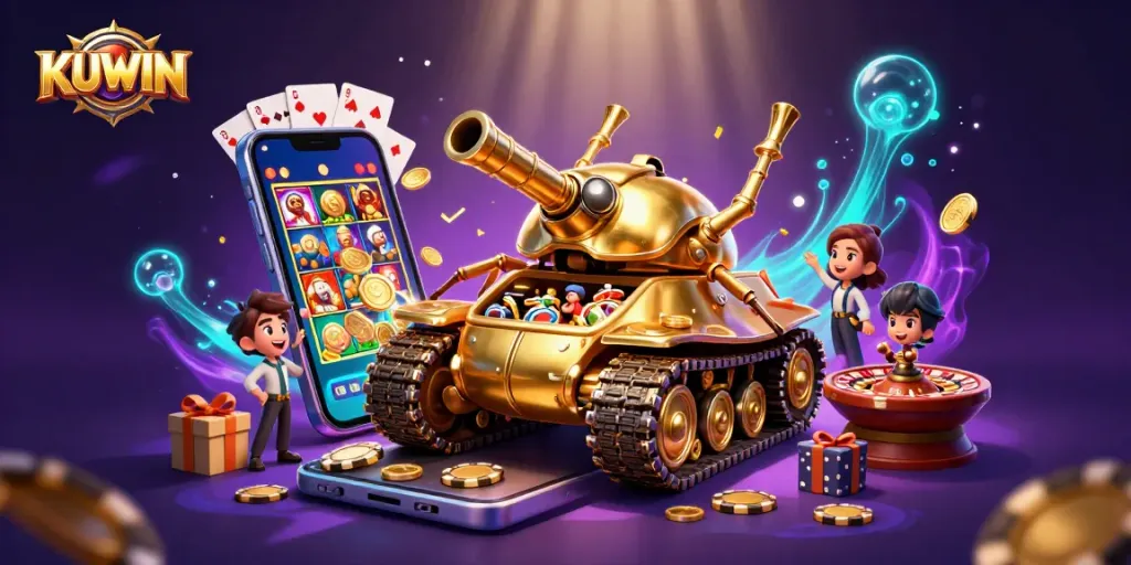 KUWIN engages players with a vibrant mini-casino inside a golden beetle tank brimming with excitement.