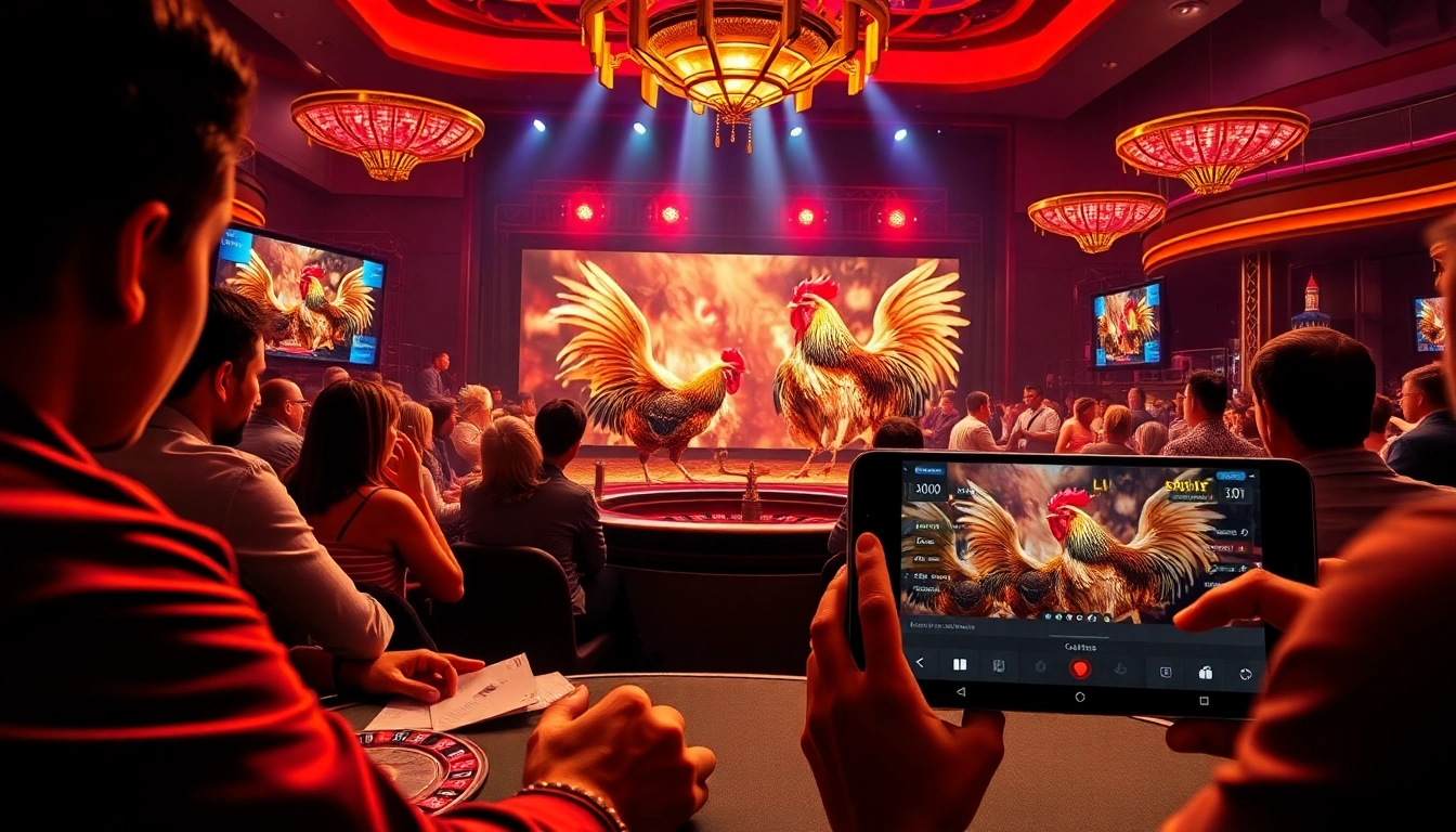 Experience đá gà trực tiếp action in a luxury casino with exciting live-stream interfaces and betting elements.