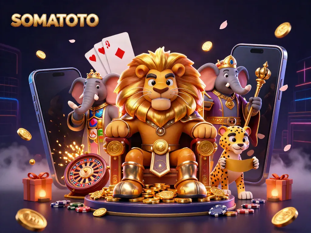 SOMATOTO brings an immersive gaming experience with a cartoon lion king on a throne of gold coins, dynamic slot game elements around.