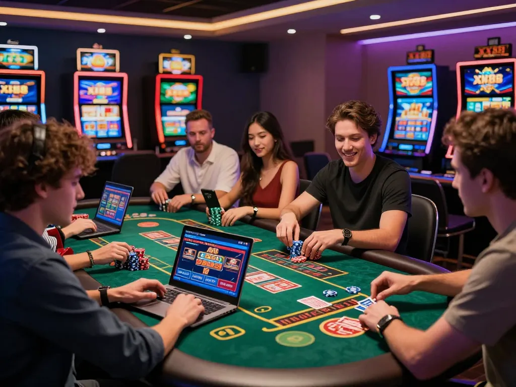 Engaging online gambling experience at XX88 with diverse players enjoying casino games and sports betting.