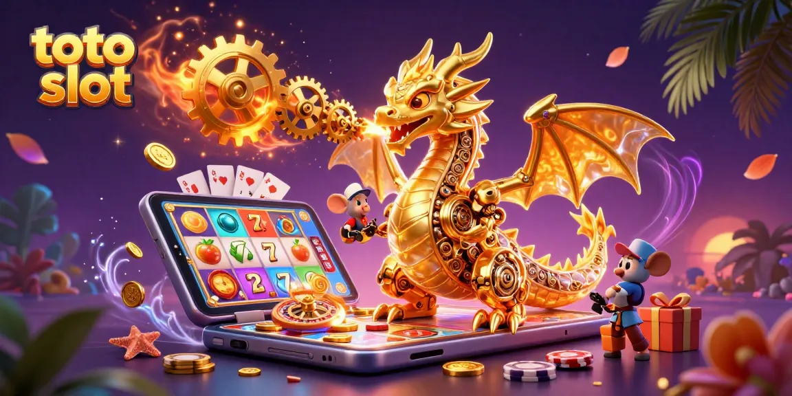 Menyaksikan toto slot dengan naga emas mecha yang memukau dan unsur permainan kasino yang meriah.