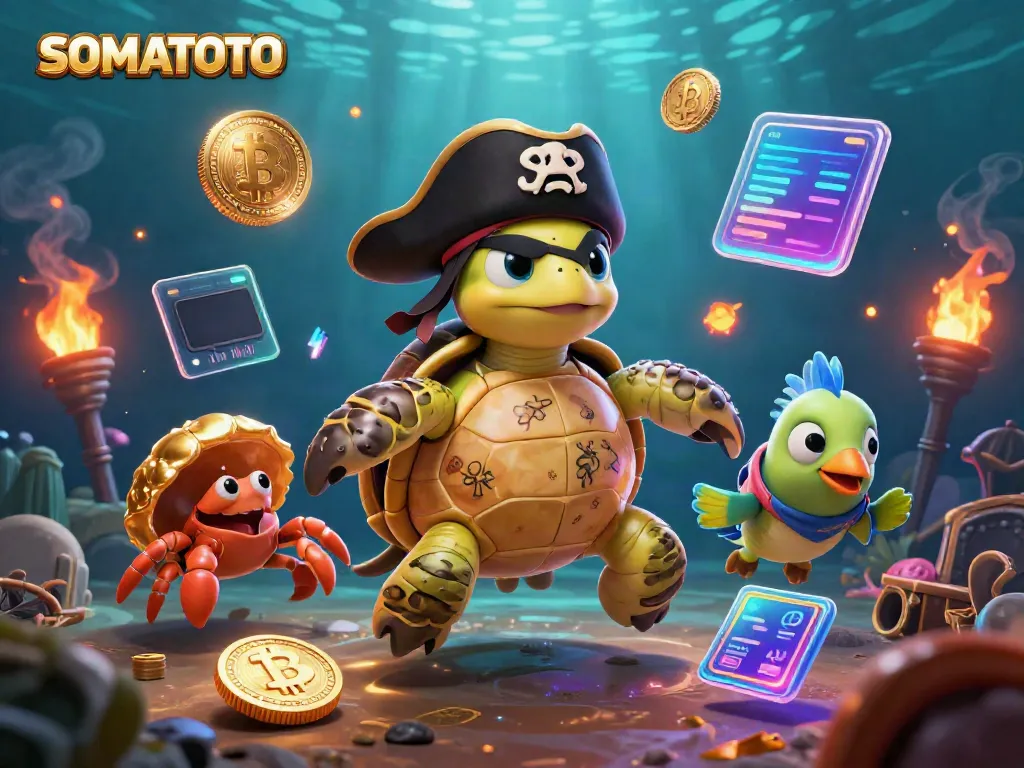 SOMATOTO pirate turtle cartoon illustration showcasing crypto elements and vibrant underwater treasure
