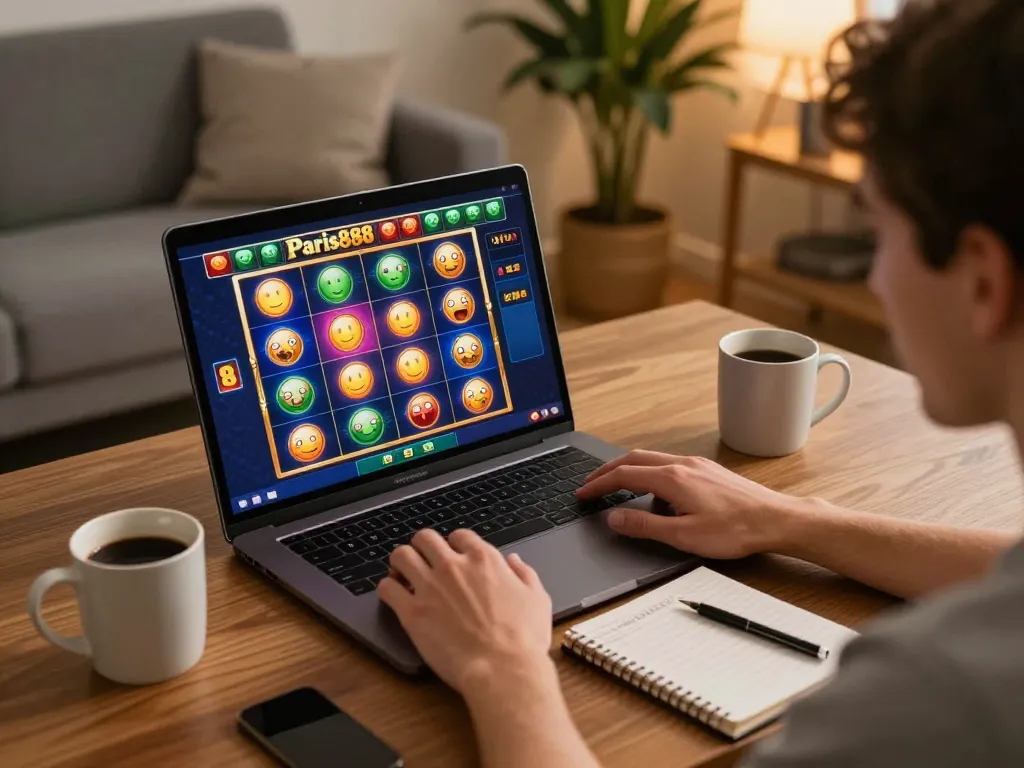Engaging in online gaming with Paris888 on a laptop, showcasing vibrant slot game interface.