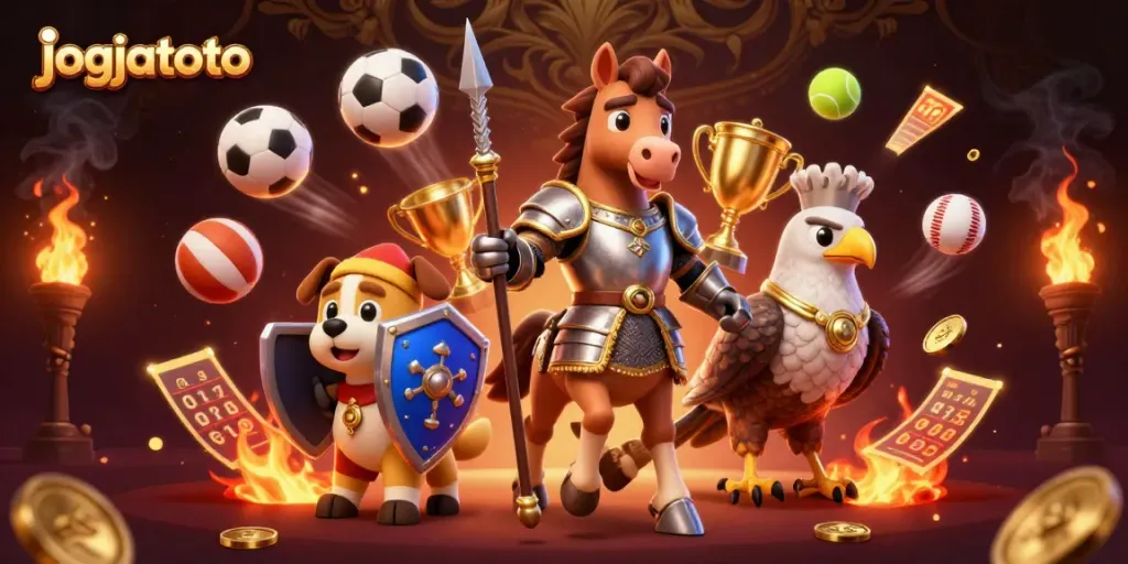 Experience the thrill of winning with jogjatoto's vibrant 3D illustration showcasing exciting sports betting elements and characters.