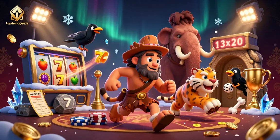 Tandemagency evokes excitement in this vibrant 3D scene showcasing a prehistoric casino with characters, casino games, and dynamic action.