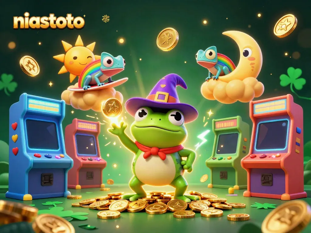 Gali keajaiban kasino di niastoto dengan ilustrasi 3D karakter berwarna-warni yang menampilkan suasana menyenangkan dan aksi menang.