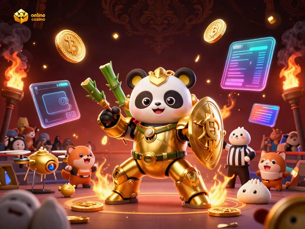Experience the excitement of an online casino with a dynamic scene featuring a mech-suit panda and vibrant cryptocurrency elements.