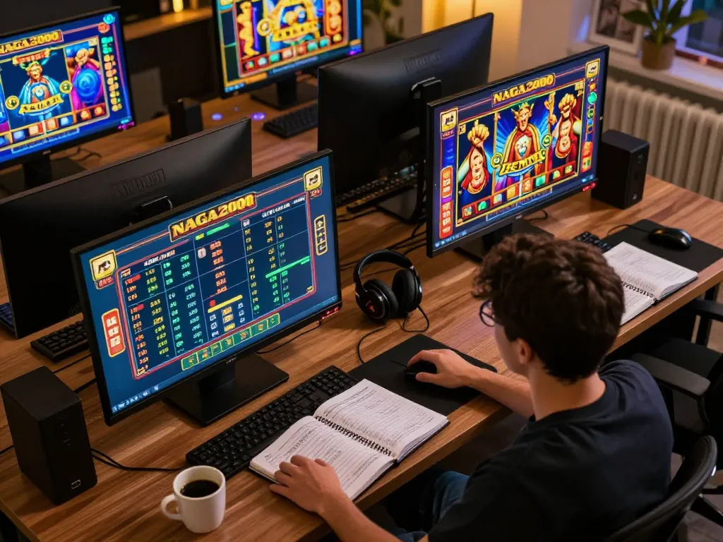 NAGA2000 player enjoying winning slot games in a cozy home office setup.