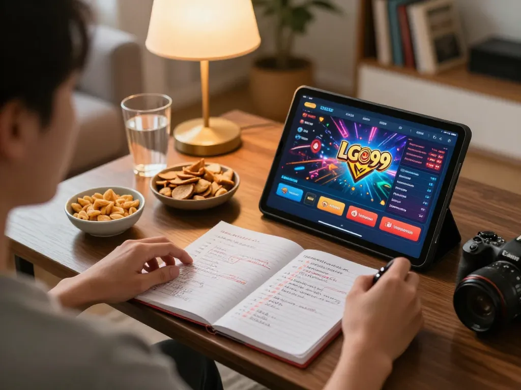 LGO99 user engaging in responsible online gaming while managing betting strategies in a cozy environment