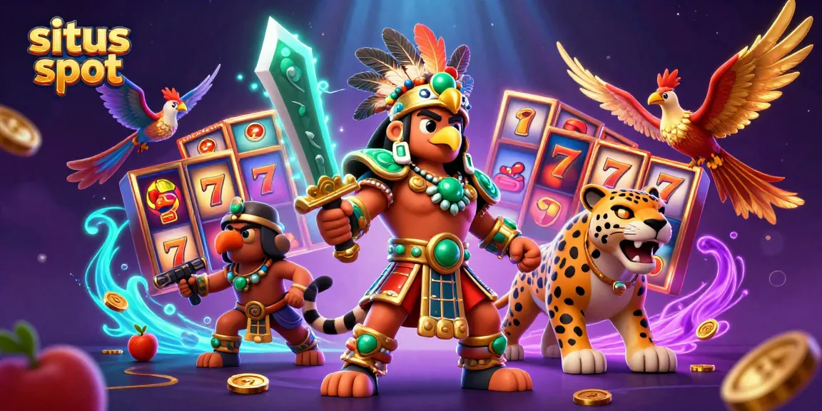 Experience thrilling action at the situs slot with a vibrant 3D illustration of Aztec warriors and winning symbols.