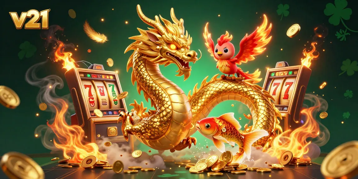 Permainan slot V21 dengan naga emas dan ikan koi memancarkan keberuntungan