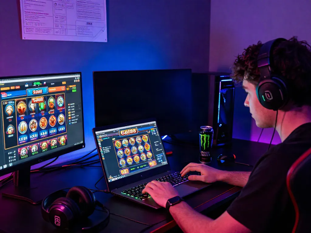 Player engaging with slot gacor games on a vibrant laptop setup.