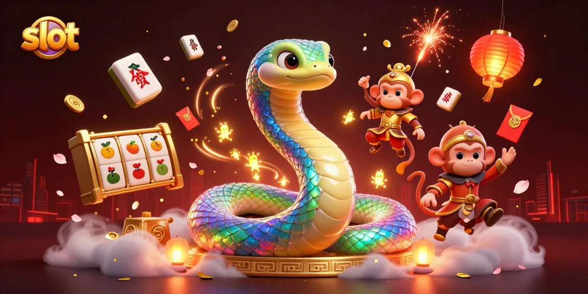 Spin the colorful slot with a rainbow serpent and playful monkey king in a vibrant casino scene.