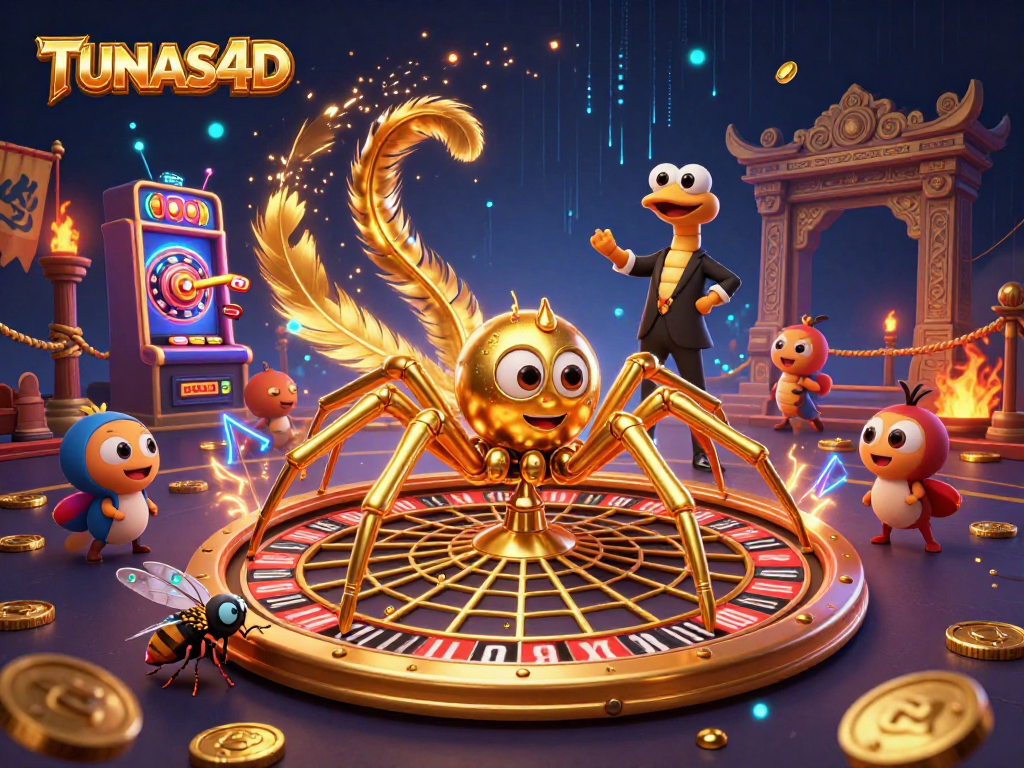 TUNAS4D showcases gaming fun with a golden spider and centipede croupier at the roulette wheel.