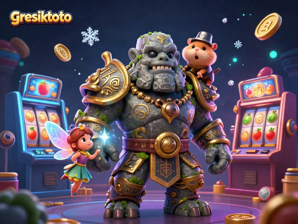 Gresiktoto menawarkan pengalaman kasino modern dengan golem penjaga dan peri sihir di sekitar mesin slot.