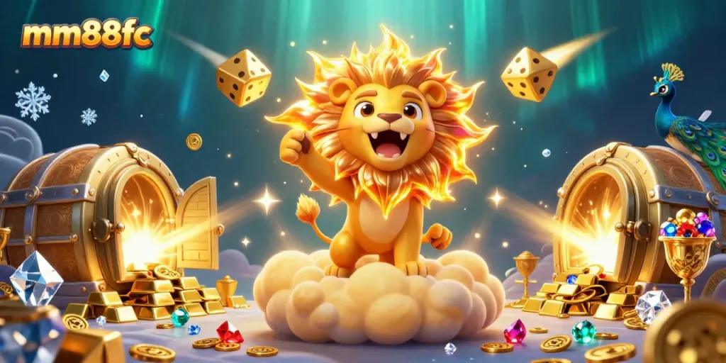Spin the reels of mm88fc's vibrant slot scene featuring a roaring lion and golden treasures.