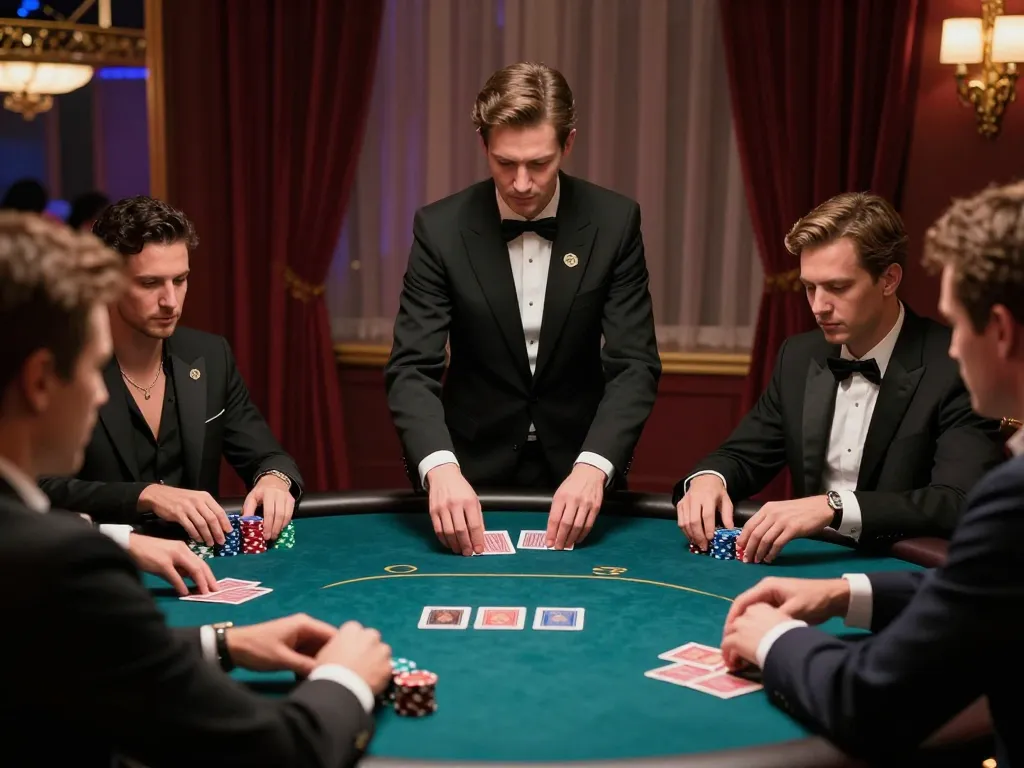 Players engaged in a high-stakes poker game at fly88, showcasing strategic moments and intense focus in a luxurious setting