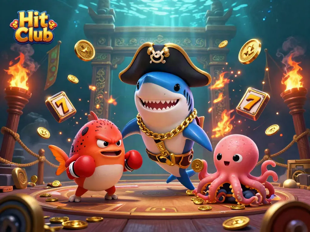 Engage with Hit Club's thrilling 3D casino scene featuring a pirate shark, colorful characters, and slot game elements.